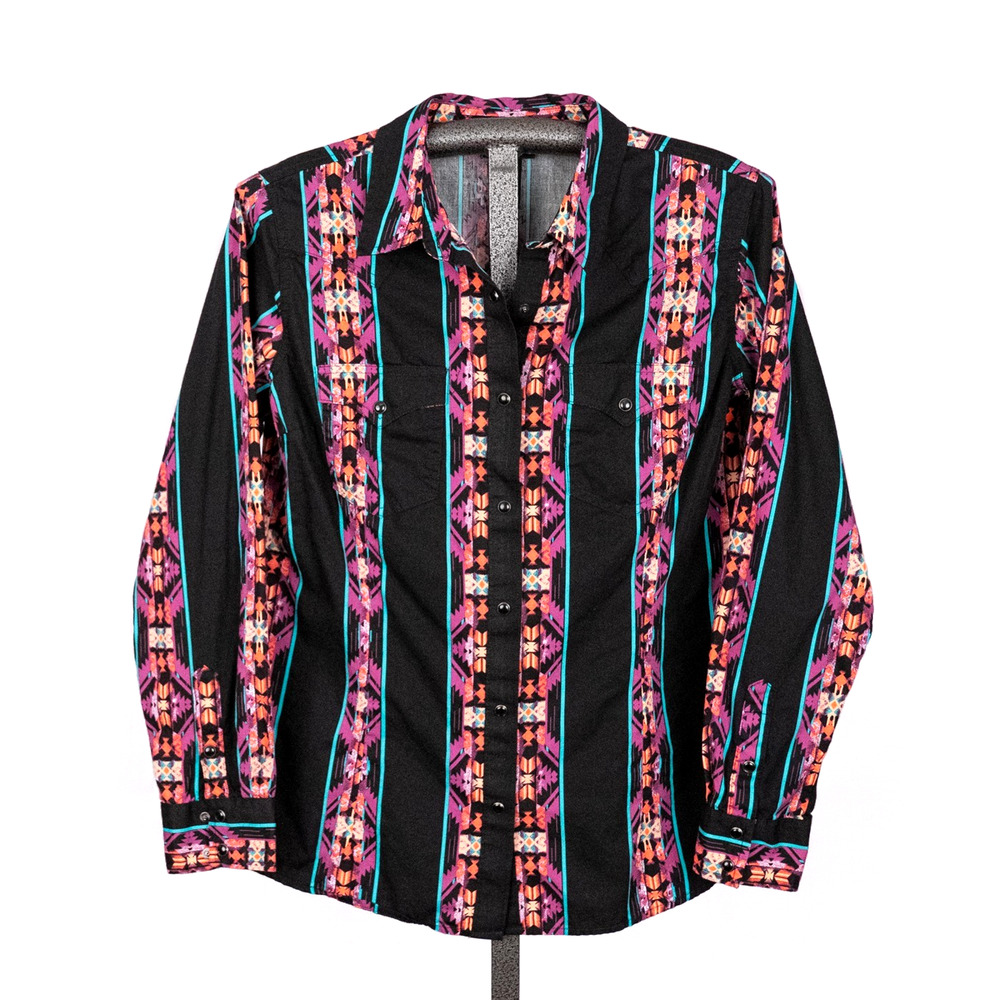Wrangler Retro Women's Western Pearl Snap Top SZ LARGE Colorful Aztec Southwest